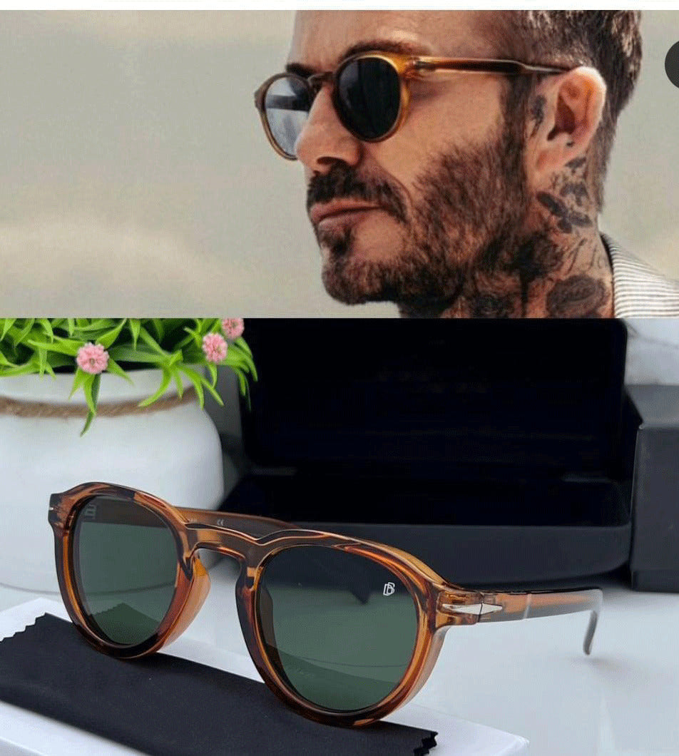 David Beckham Inspired Classic Round Sunglasses - Brown Frame, Green Lens, Retro Style