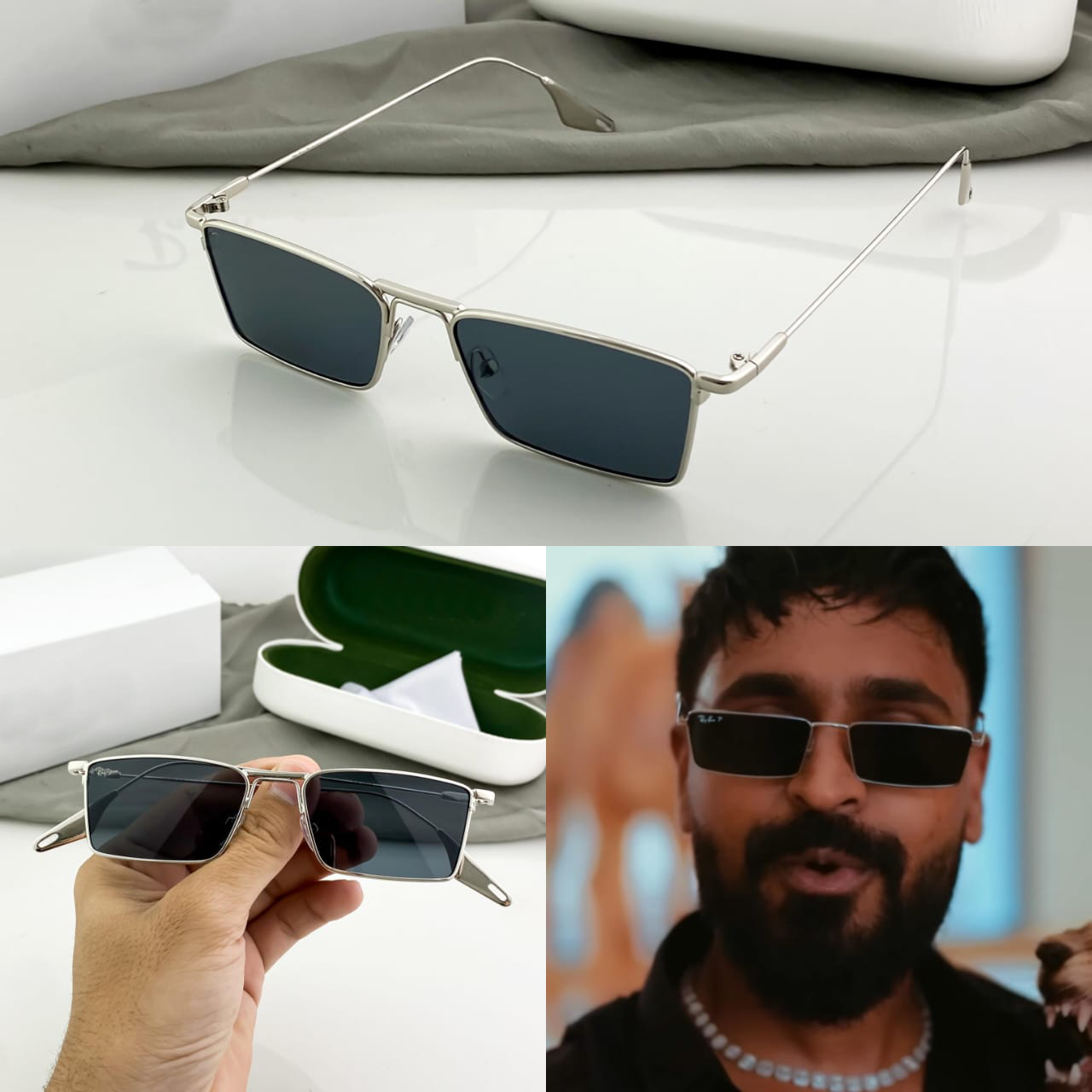 Emiway Bantai Inspired Rectangle Sunglasses – Silver Frame with Dark Tinted Lenses