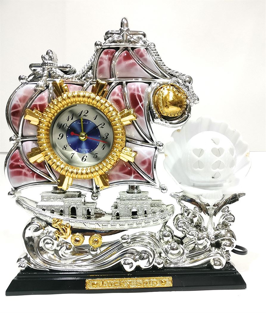 FunkyTradition Pink Silver Sailboat Vintage Pirates Ship Table Lamp with Alarm Clock for Christmas, Anniversary, Birthday Gift, Home and Office Decor