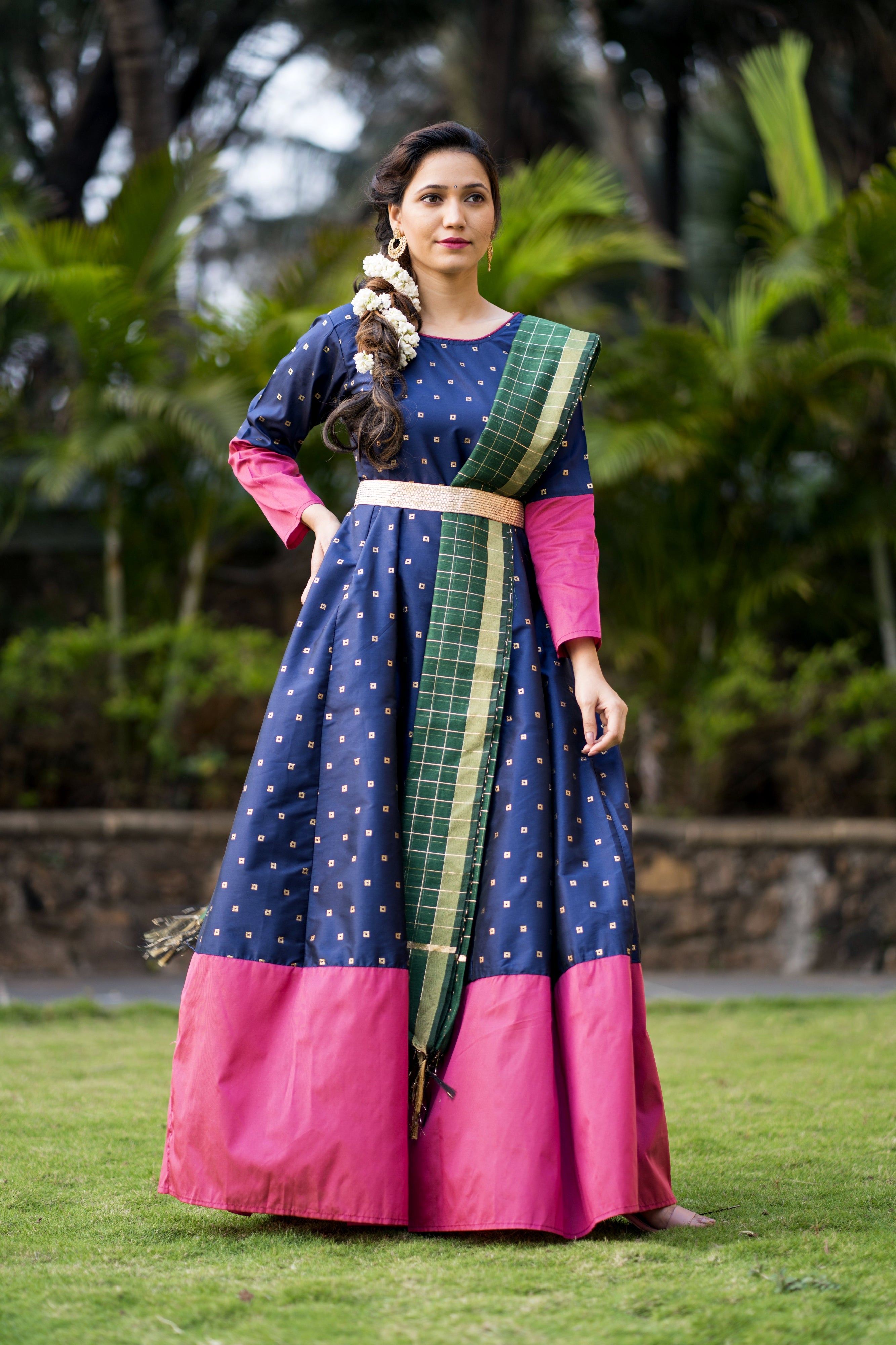 Adorable Designer Wear Blue Satin Silk Anarkali Gown With Silk Chander FunkyTradition Adorable Designer Wear Blue Satin Silk Anarkali Gown With Silk Chander FunkyTradition