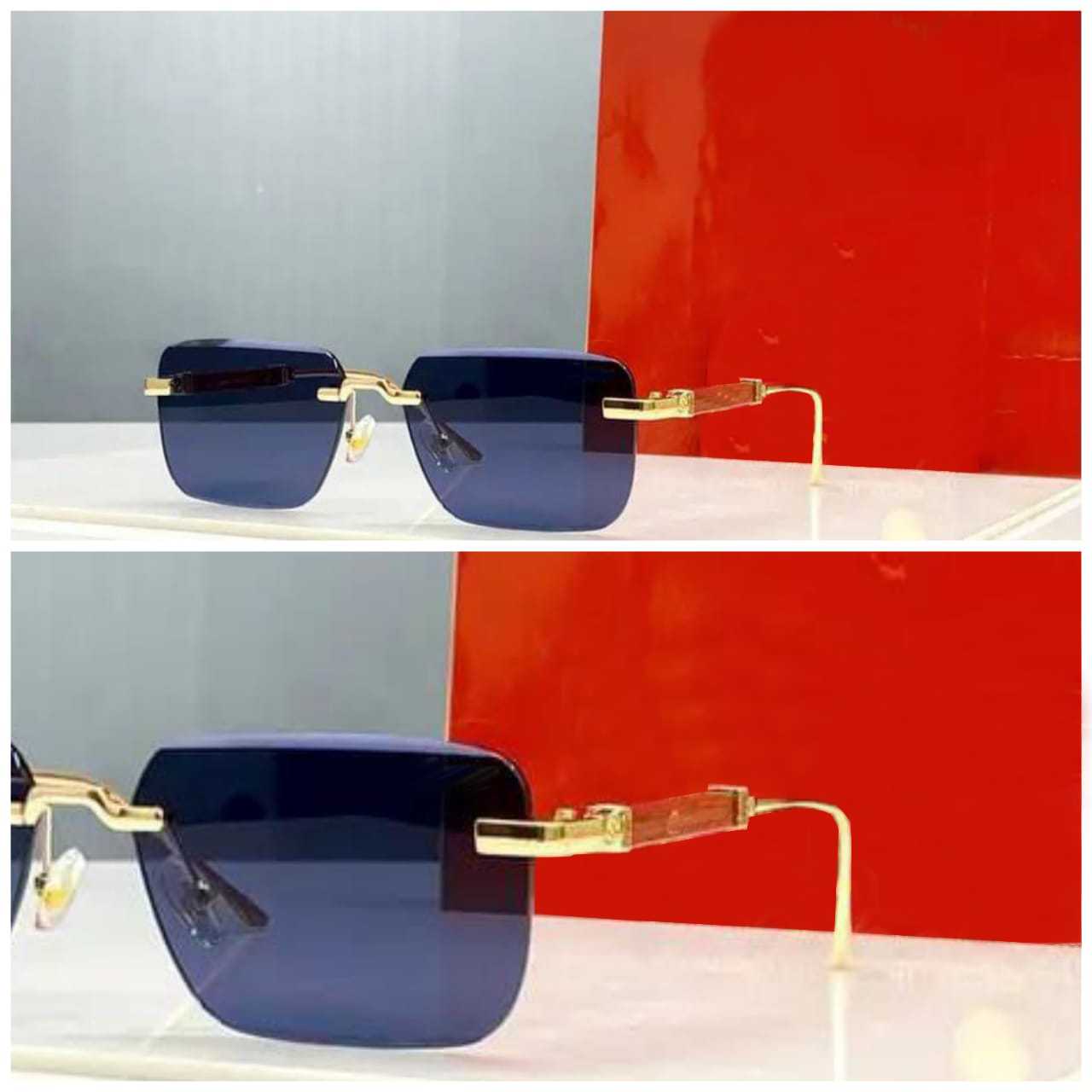 Classic Rimless Square Sunglasses - Black Lens & Leather Temples