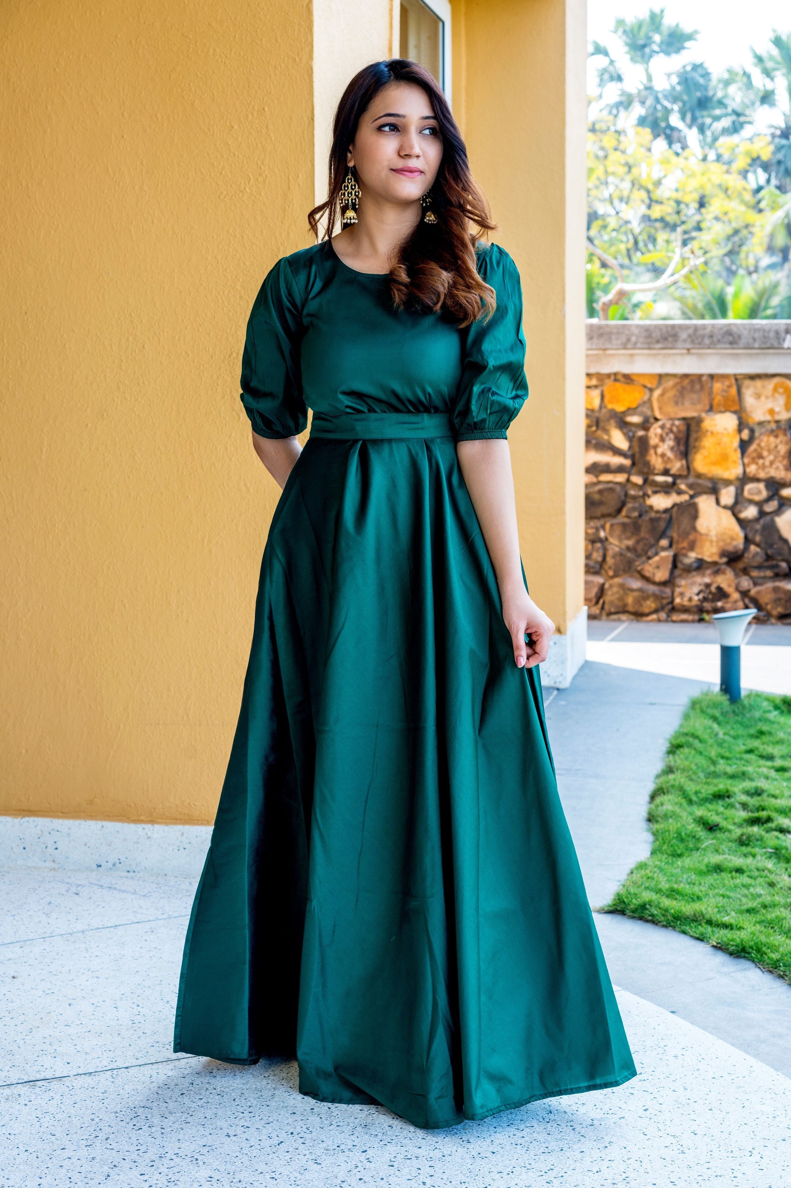 Women Green Tapeta Silk Solid Floor Length Maxi Dress- Adiba Fashion