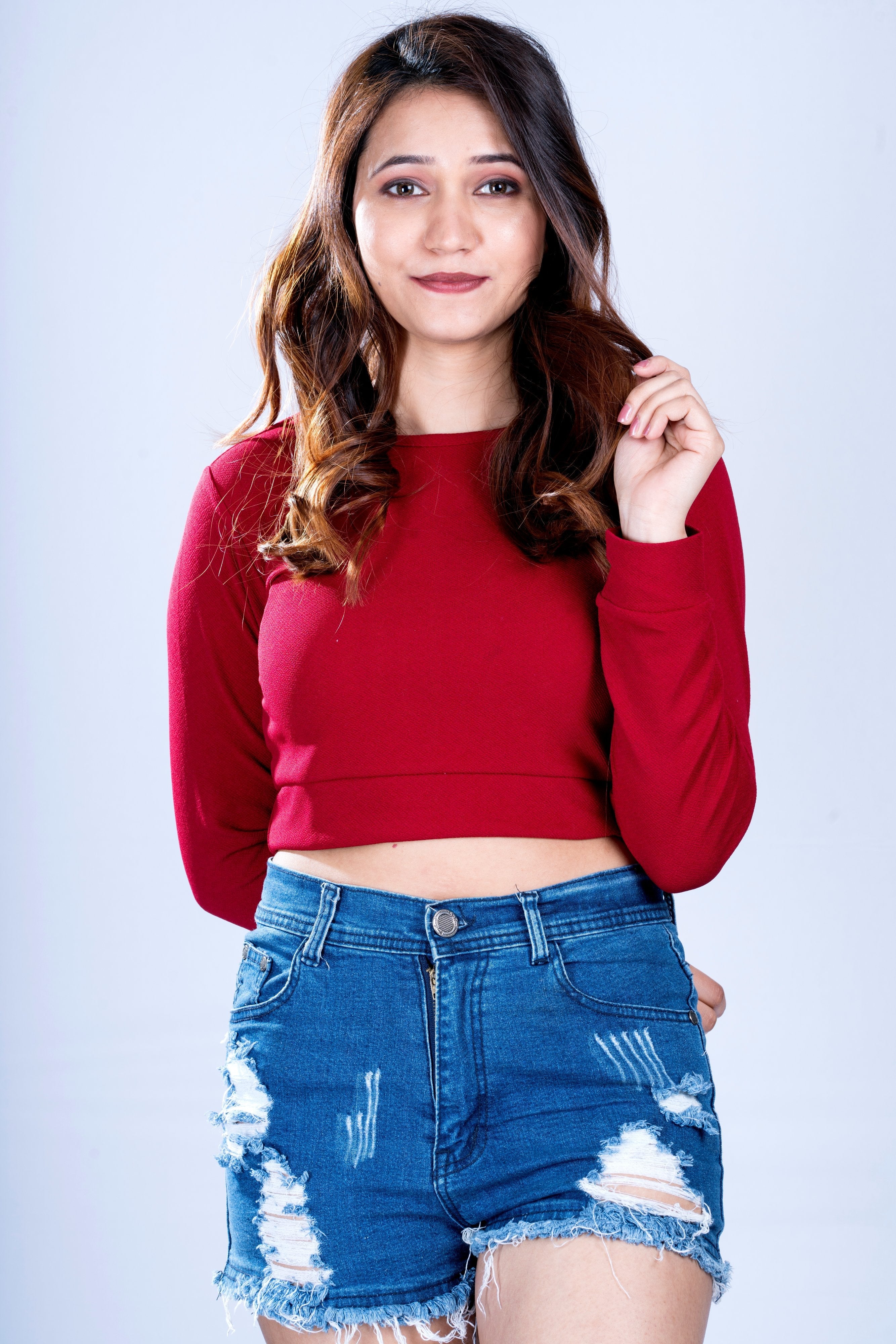 Designer Maroon Women Solid Long Sleeve Crop Top- Adiba Fashion Xs