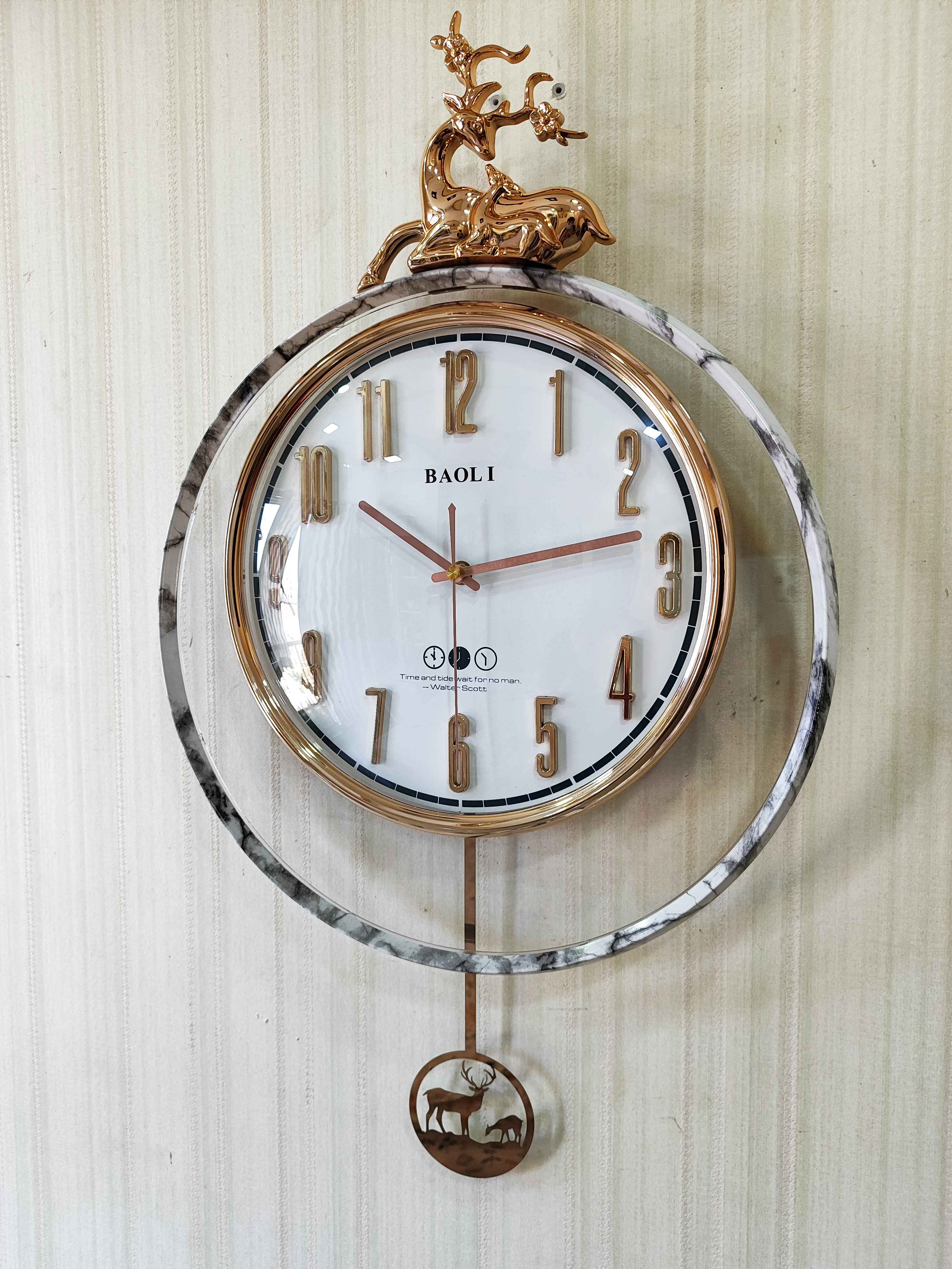 FunkyTradition Rose Gold White Reindeer Pendulum Wall Clock Wall Clock, Wall Decor for Home Office and Gifts 65 CM Tall