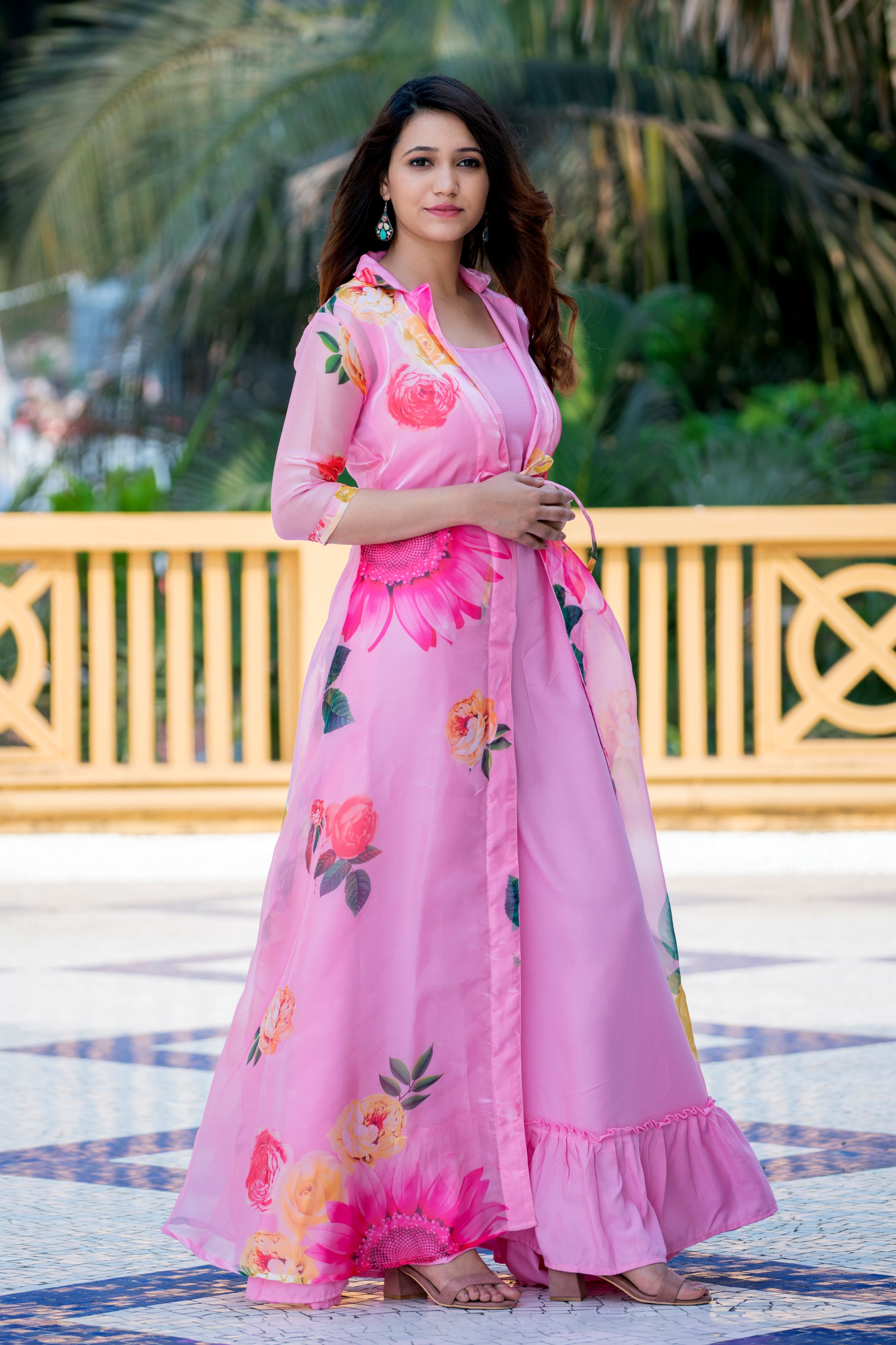 Pink Floral Party Wear Maxi Dress With Shrugs- Adiba Fashion