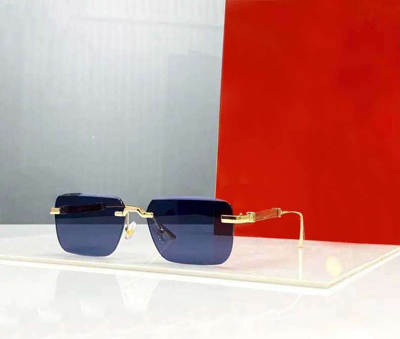 Classic Rimless Square Sunglasses - Black Lens & Leather Temples