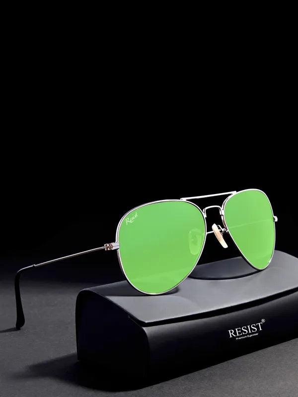 UV-Protected Silver Green Aviator Sunglasses for Men and Women