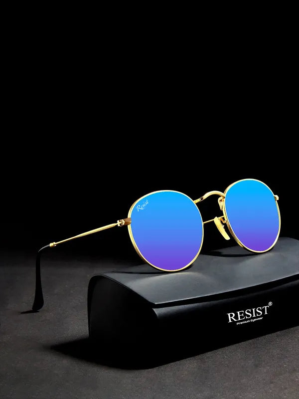 UV Protected Gold Blue Reflector Round Sunglasses For Men & Women- FunkyTradition