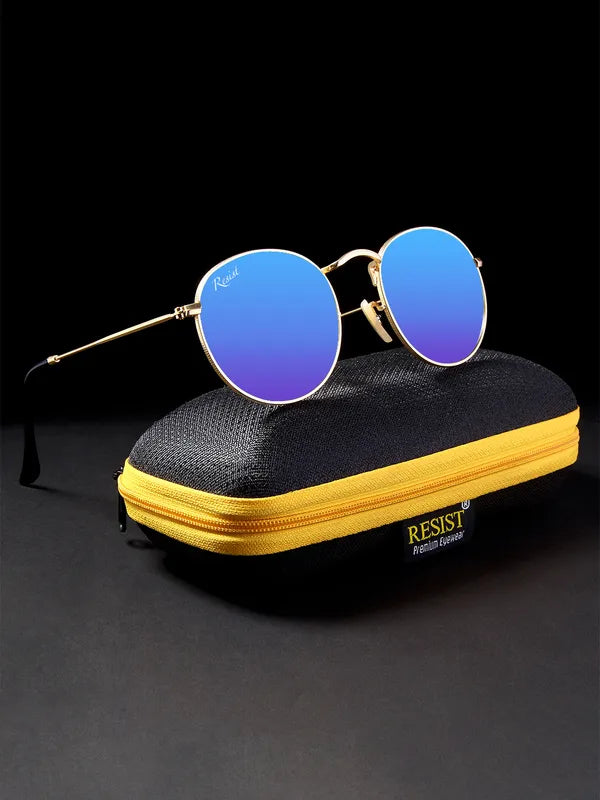 UV Protected Gold Blue Reflector Round Sunglasses For Men & Women- FunkyTradition