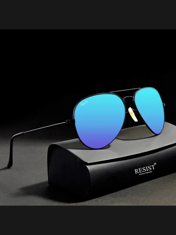 UV Protected Black Ocean Blue Reflector Aviator Sunglasses for Men