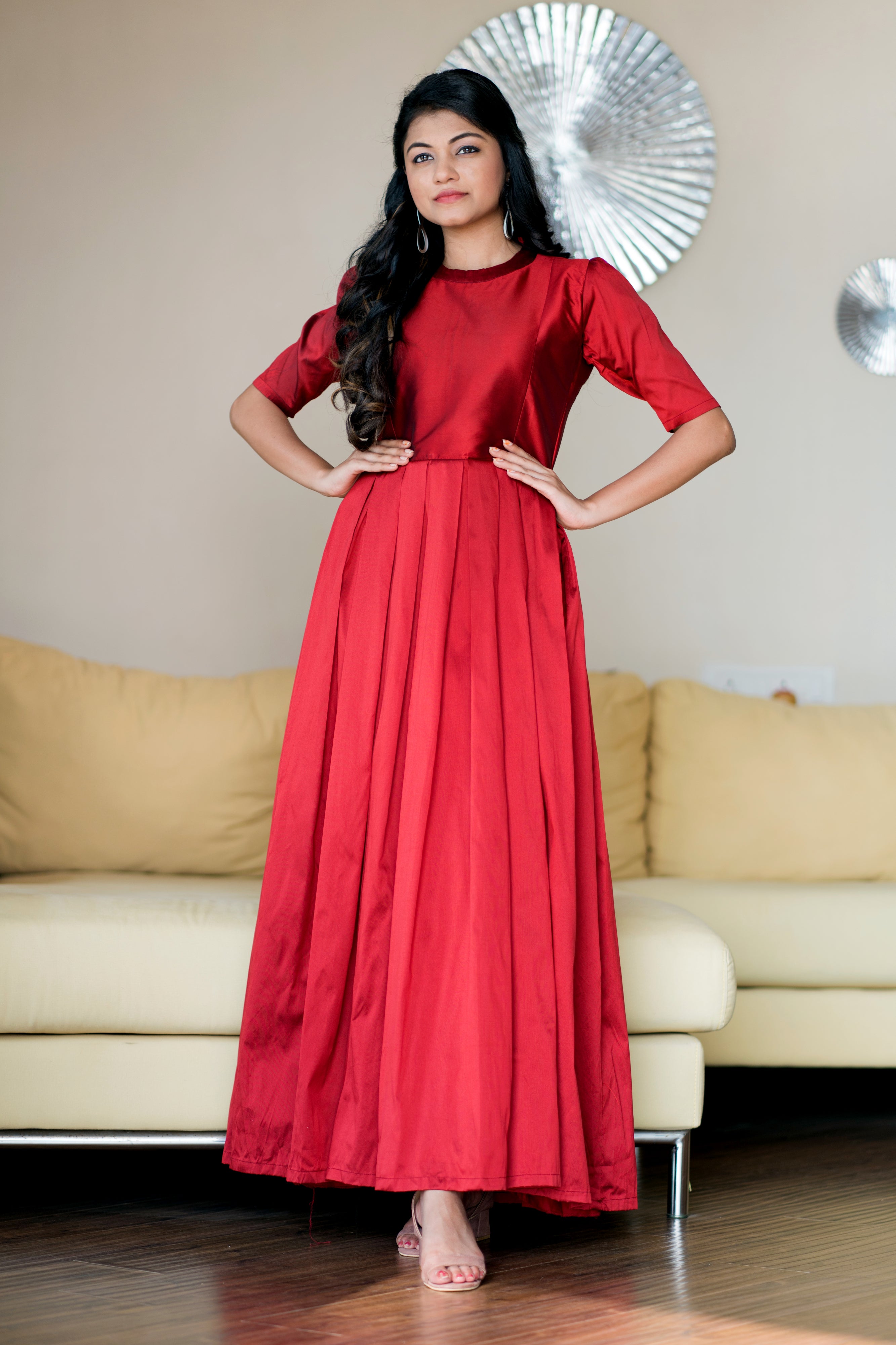 Women Red Taffeta Silk O-Neck Party Ball Gown- Adiba Fashion – FunkyTradition Women Red Taffeta Silk O-Neck Party Ball Gown- Adiba Fashion – FunkyTradition