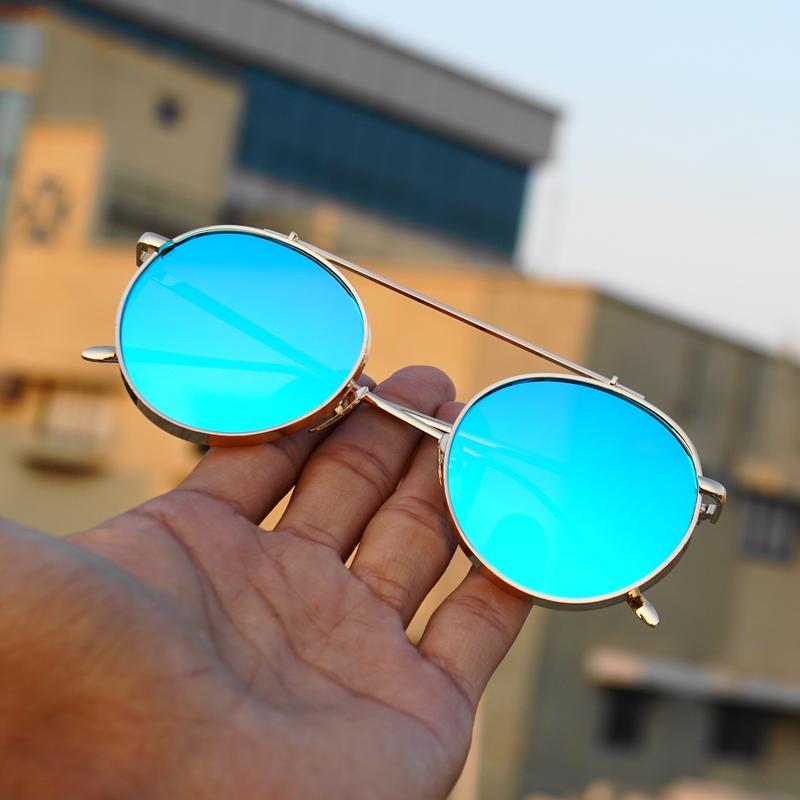 Round Aqua Blue And Gold Sunglasses For Men And Women-FunkyTradition