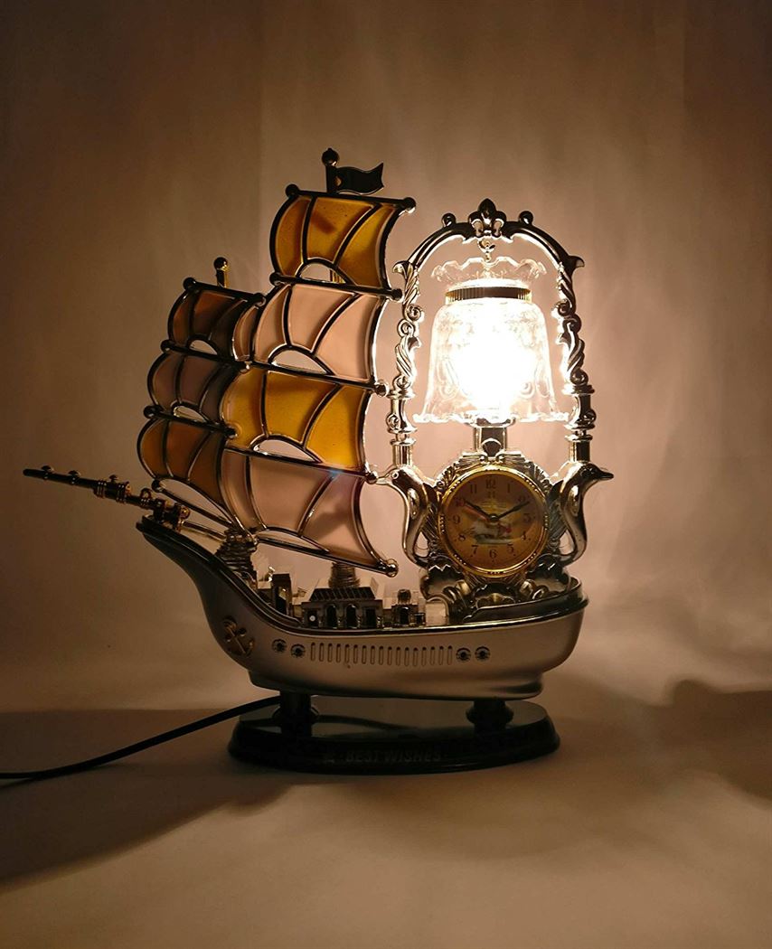 FunkyTradition Yellow Golden Vintage Pirates Ship Table Lamp with Alarm Clock for Christmas, Anniversary, Birthday Gift, Home and Office Decor - FunkyTradition