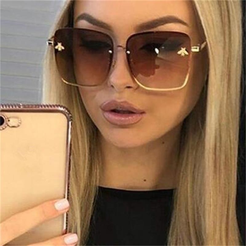 Luxury Square Bee Sunglasses Women Retro Brand designer Metal Frame Oversize-FunkyTradition