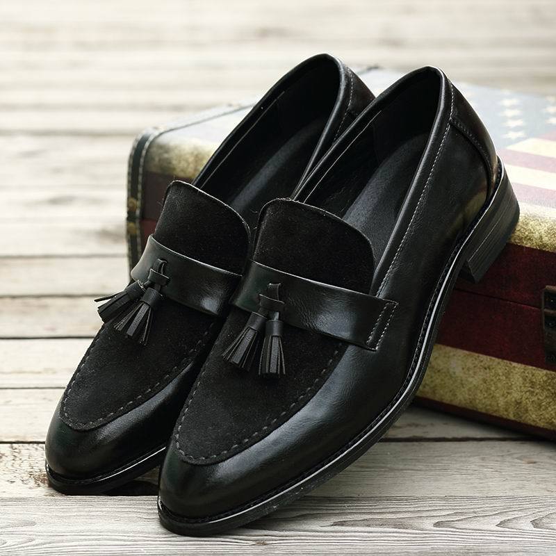New Arrival Men Brown Boat Shoes Fashion Pointed Toe Suede Tassel Business Leisure Leather Shoes Slip On Loafer Black-FunkyTradition