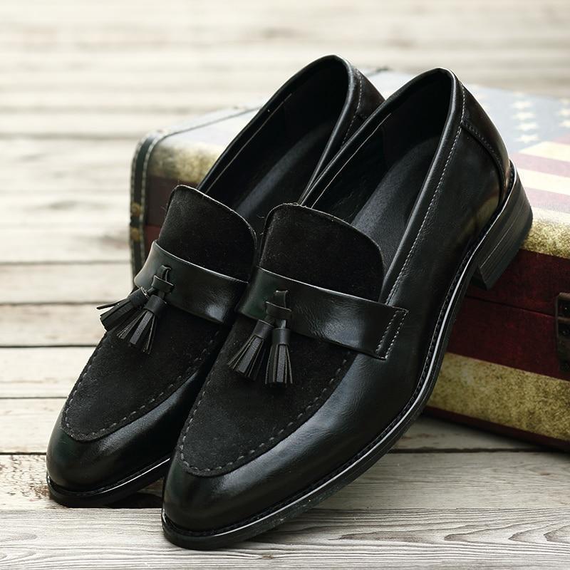 New Arrival Men Brown Boat Shoes Fashion Pointed Toe Suede Tassel Business Leisure Leather Shoes Slip On Loafer Black-FunkyTradition