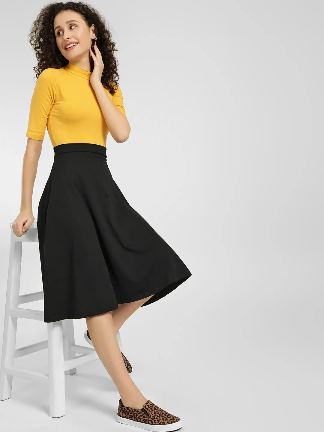 Women Yellow Black Midi Skater Skirt Dress- FunkyTradition