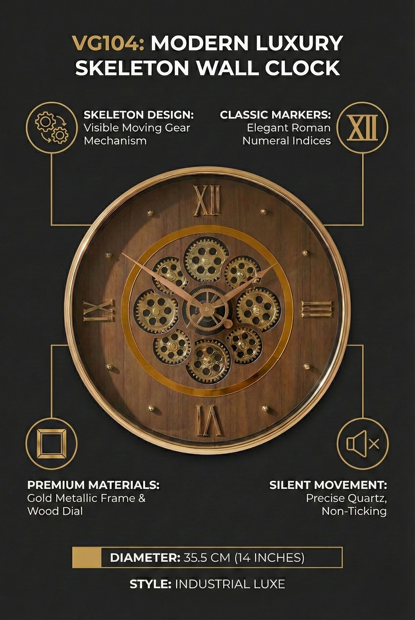 Modern Luxury Skeleton Wall Clock 14 Inch – Silent Quartz Roman Numeral Design