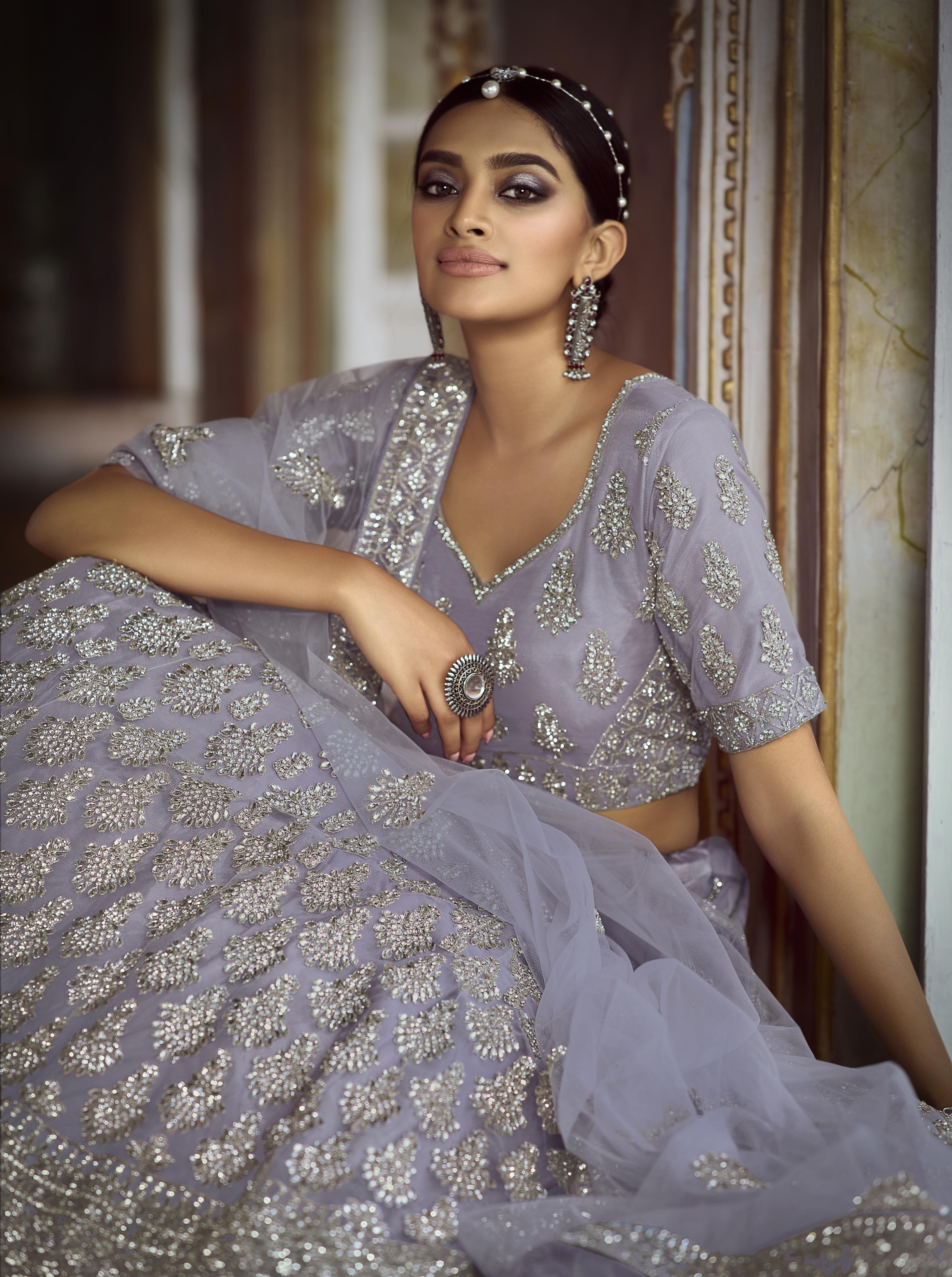 Light Lilac Zarkan Embroidered Semi Stitched Net Lehenga-Choli with Stone Detailing - FunkyTradition