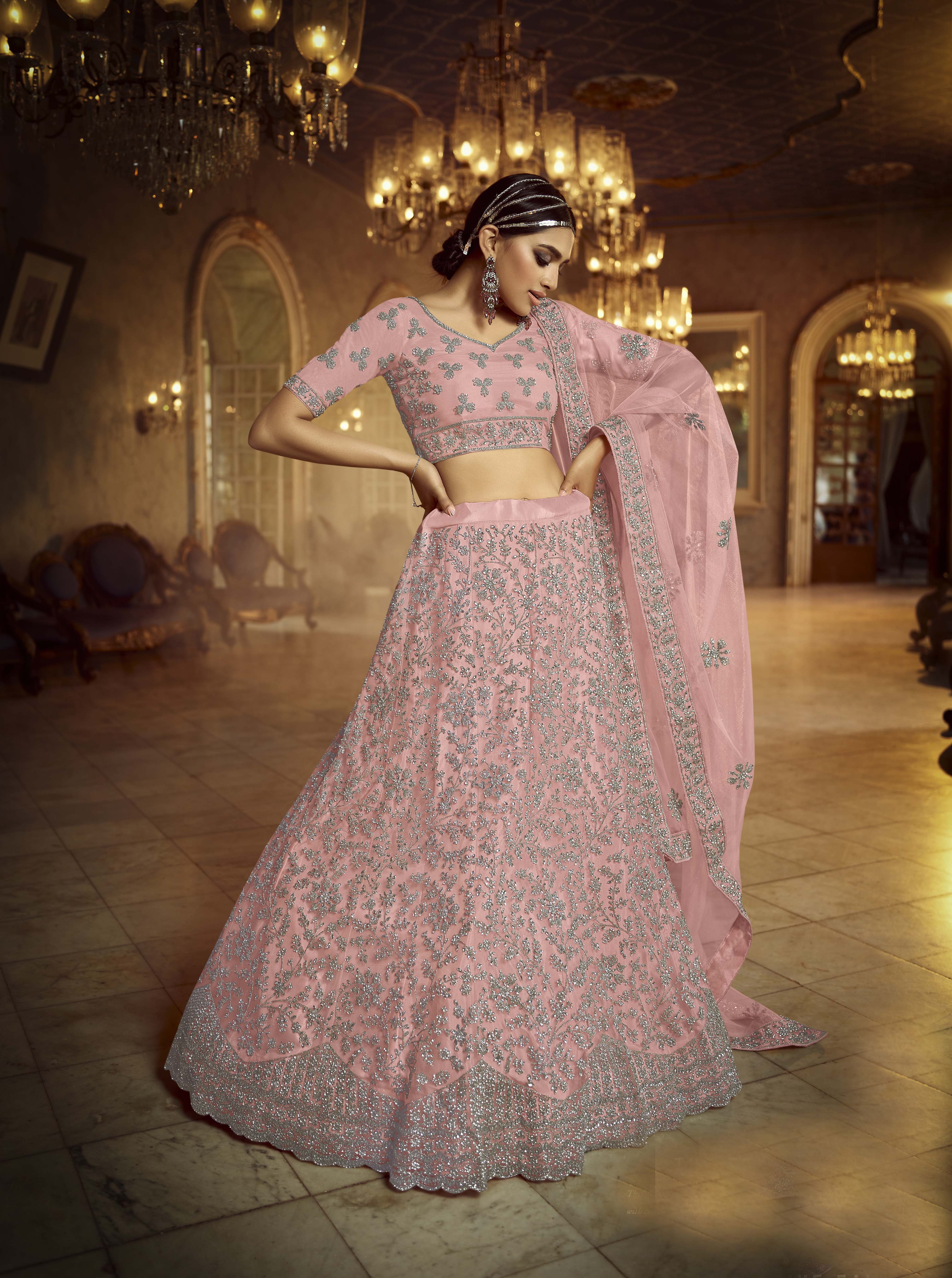 Pink Zarkan Embroidered Semi Stitched Net Lehenga-Choli with Stone Detailing - FunkyTradition