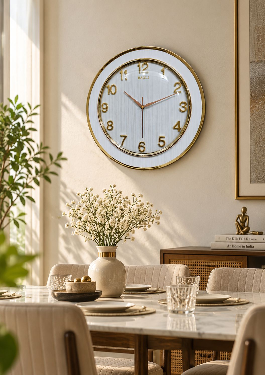 14 × 14 inch round wall clock with white wood-grain dial, gold detailing and glass front displayed above a modern cream console with natural daylight.