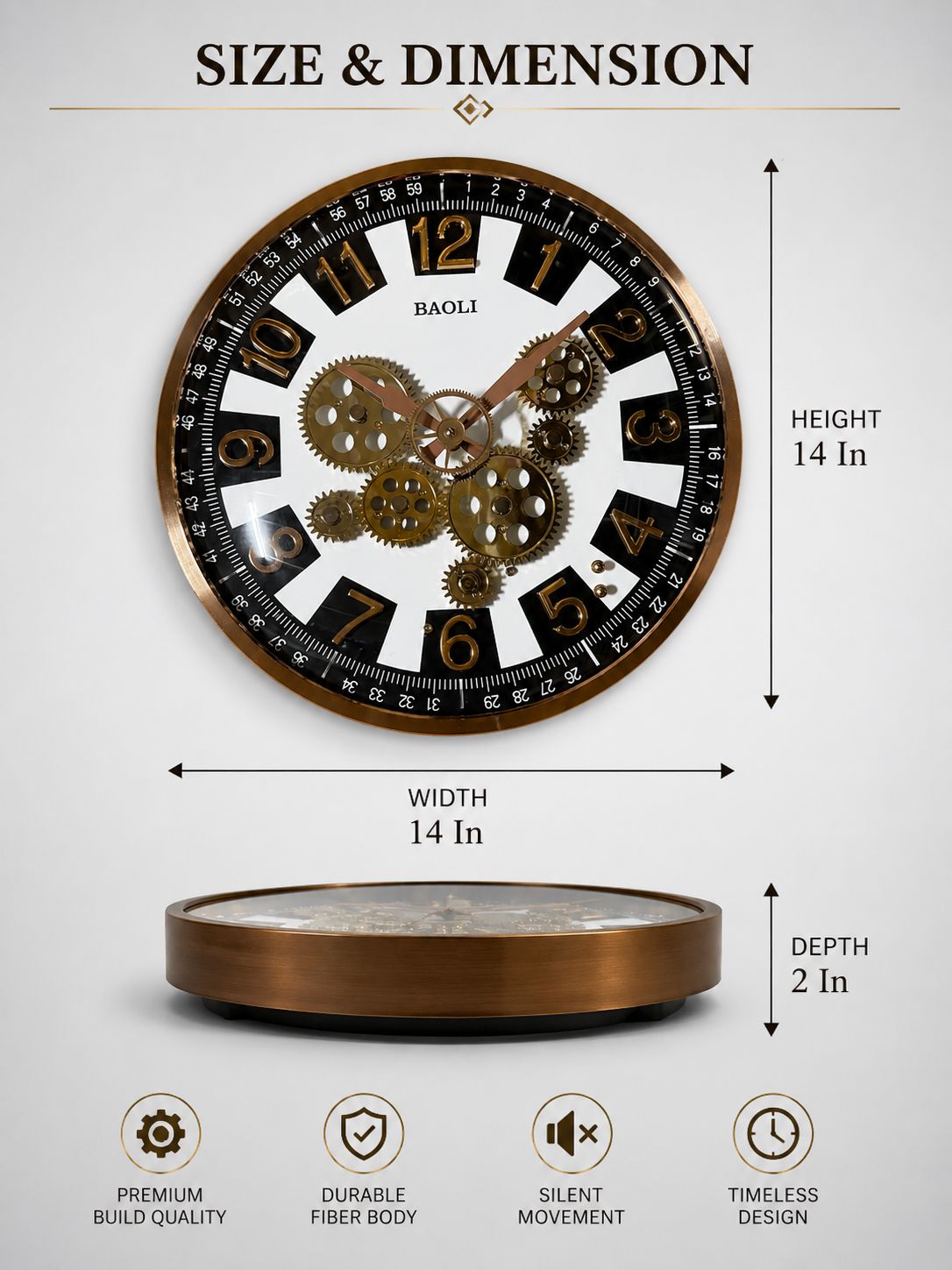 14 x 2 x 14 inch decorative moving gear wall clock showing width, height and depth dimensions