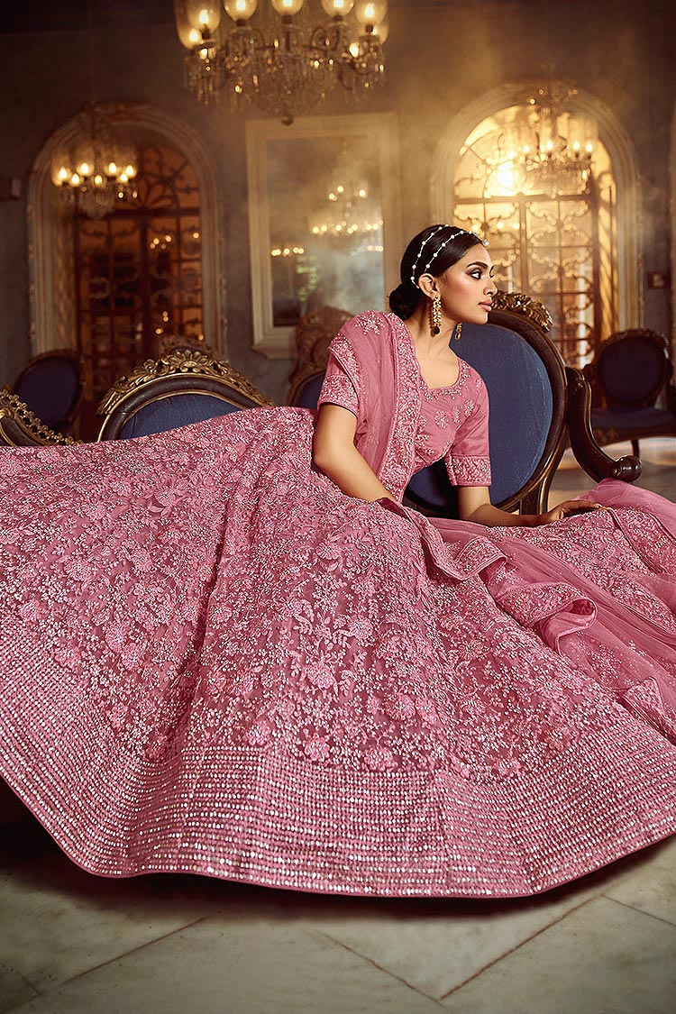 Pink Embroidered Semi Stitched Lehenga-Choli in Net with Stone Detailing - FunkyTradition