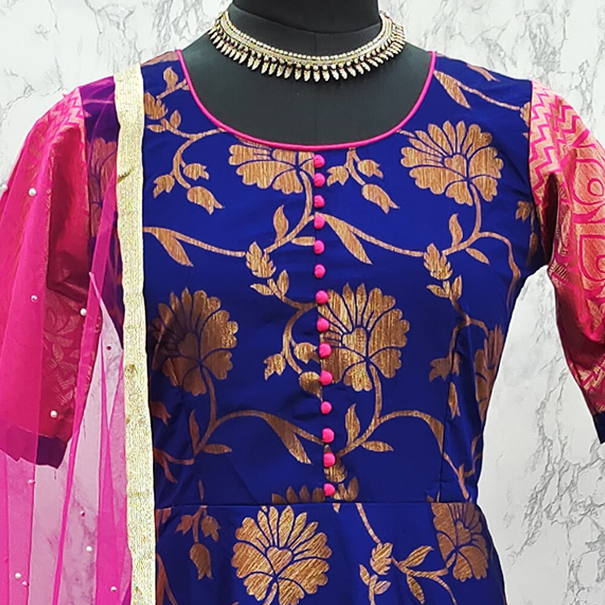 Adorable Designer Wear Royal Blue Partywear Jacquard Anarkali Gown With Net Dupatta-FunkyTradition