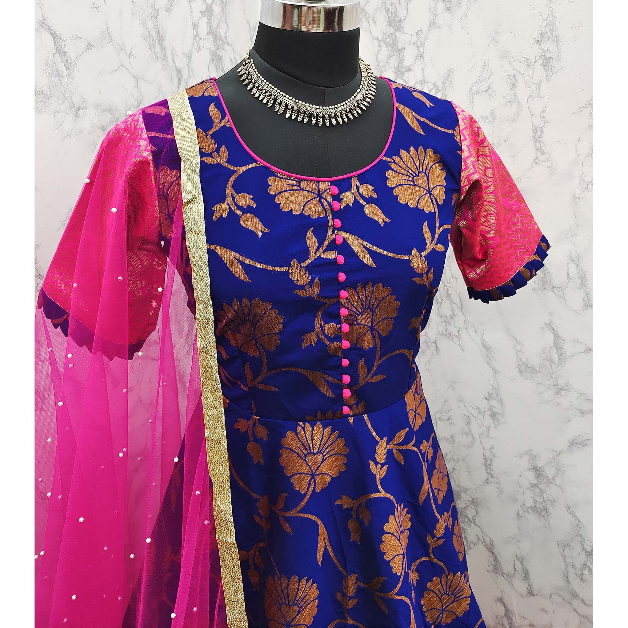 Adorable Designer Wear Royal Blue Partywear Jacquard Anarkali Gown With Net Dupatta-FunkyTradition