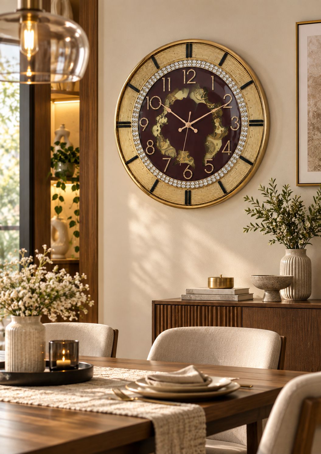 16 inch Brown gold wall clock with working decorative gears, crystal-studded dial and raised gold numerals in dining room