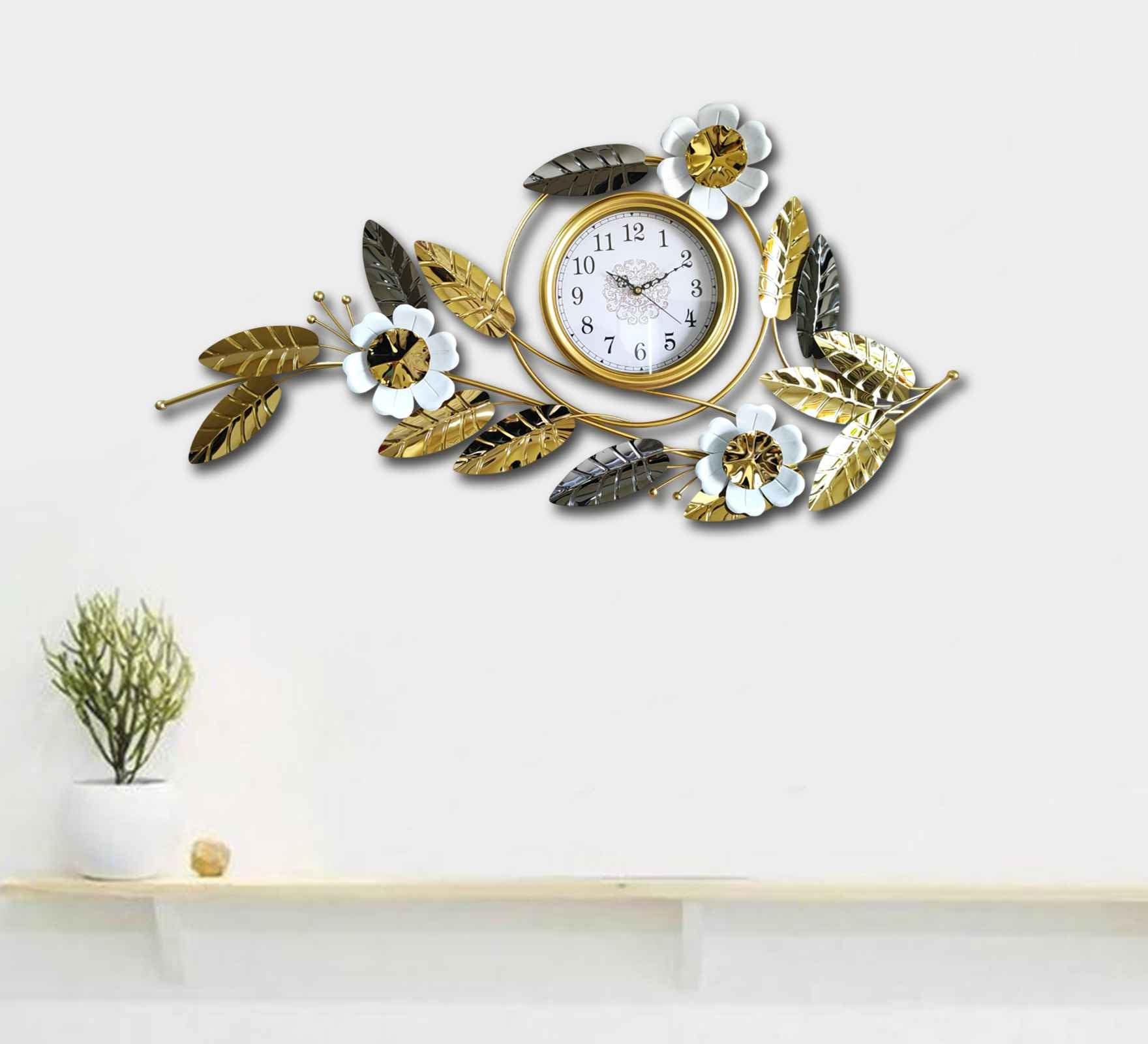 Elegant Gold Metal Wall Clock – 43 Inch Floral & Leaf Design, Modern Decorative Wall Art for Living Room, Bedroom & Office Décor