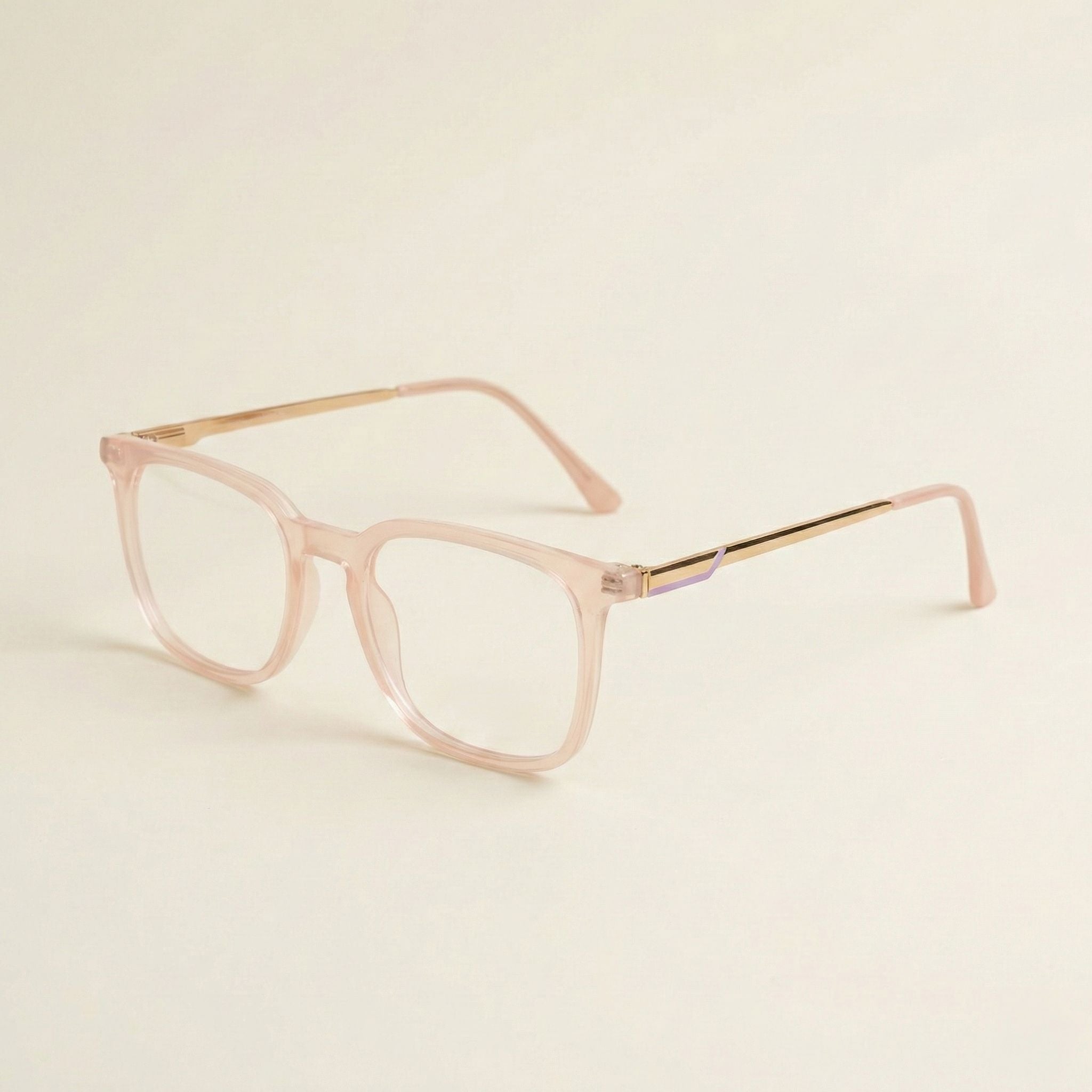 Crystal Blush Pink Transparent Eyeglasses for Men & Women | Lightweight Square Frame with Gold Metal Temples