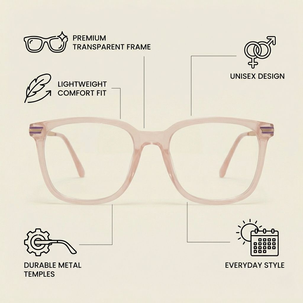 Crystal Blush Pink Transparent Eyeglasses for Men & Women | Lightweight Square Frame with Gold Metal Temples