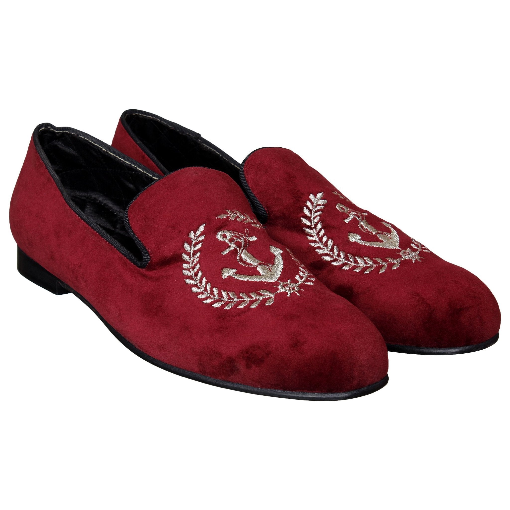 Maroon Velvet Anchor Embroidered Slip On For Men-FunkyTradition