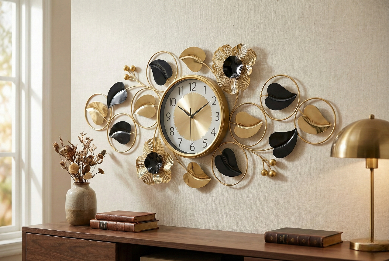 Luxury Iron Floral Wall Clock by FunkyTradition – Large Gold & Black Metal Wall Art Décor (90x45 cm) - Silent Movement
