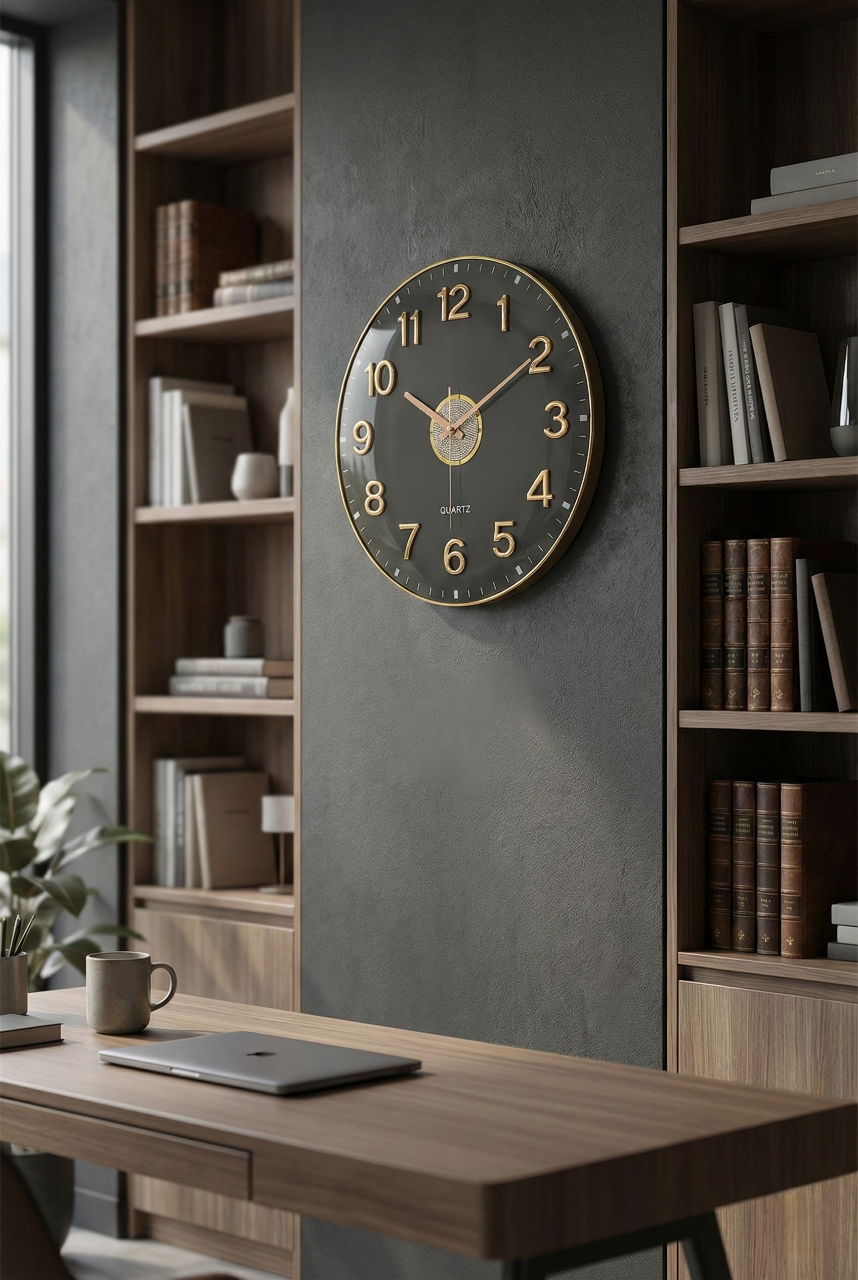 Luxury Dark Grey Wall Clock 14x14 Inch | 3D Gold Arabic Numerals | Silent Quartz Movement