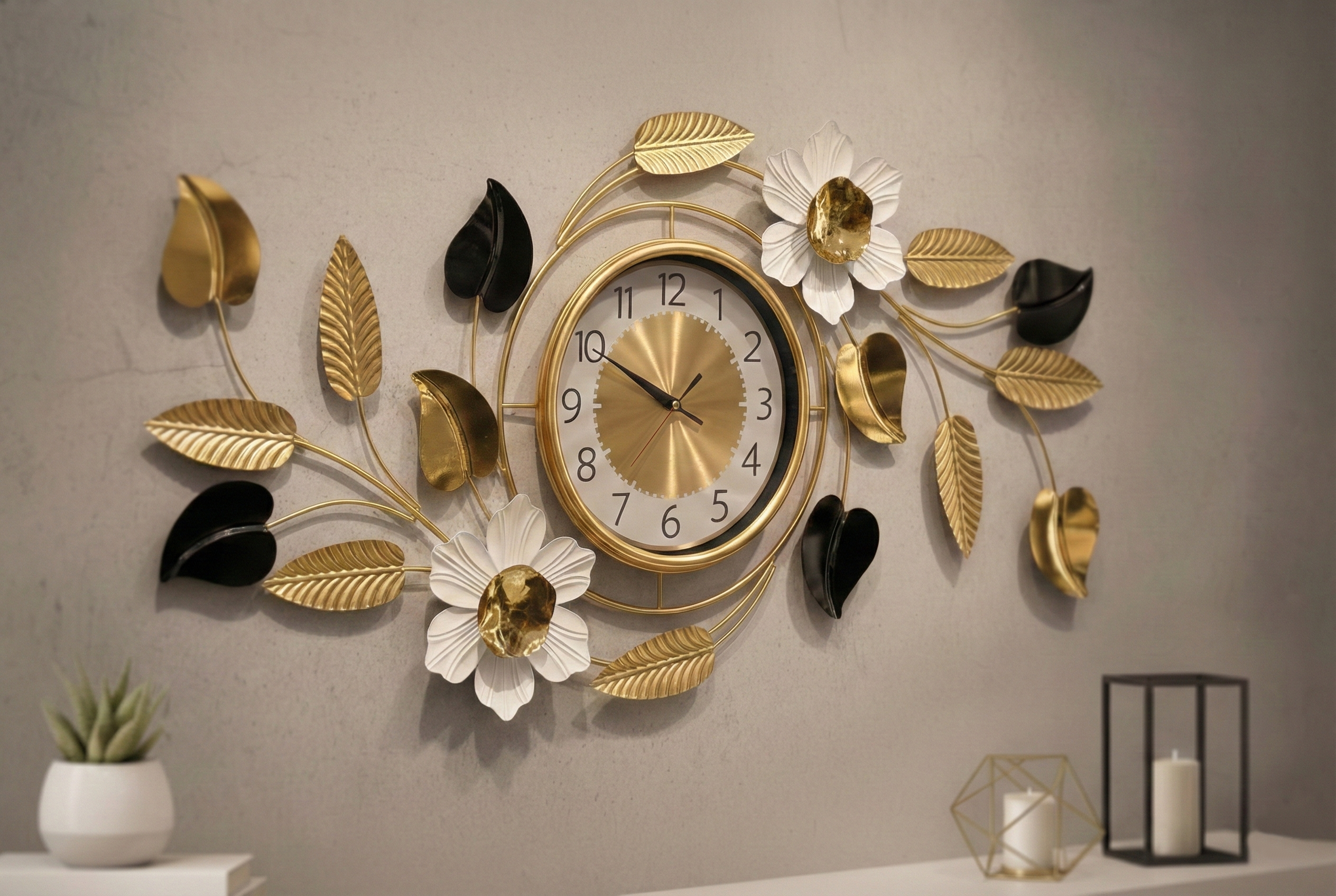 Luxurious 3D Floral Metal Wall Clock by FunkyTradition – Large Gold & Black Iron Art (90x45cm) with Silent Movement
