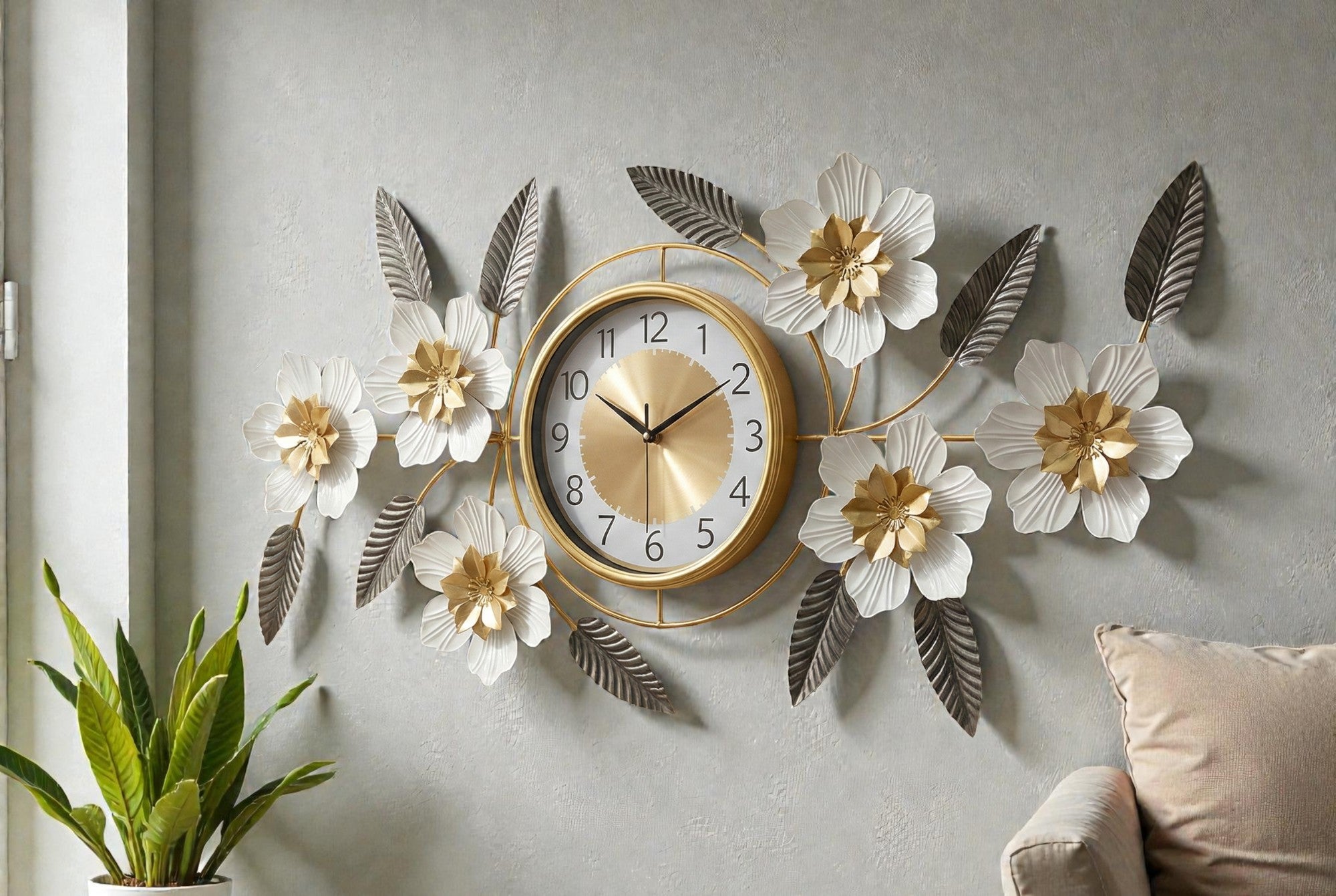 Luxury Iron Floral Wall Clock (90cm × 45cm) | 3D White & Gold Metal Wall Art for Living Room & Bedroom