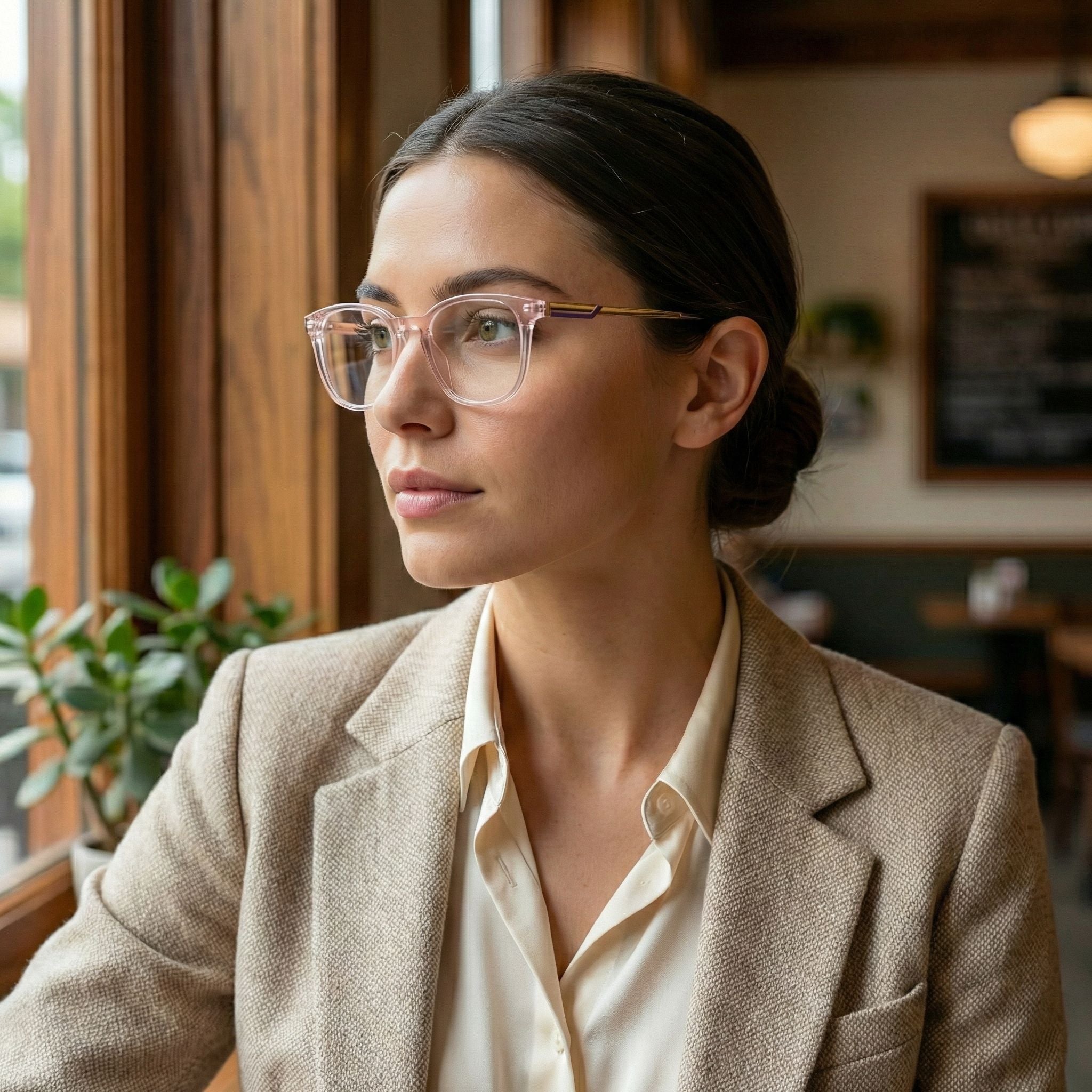 Crystal Blush Pink Transparent Eyeglasses for Men & Women | Lightweight Square Frame with Gold Metal Temples
