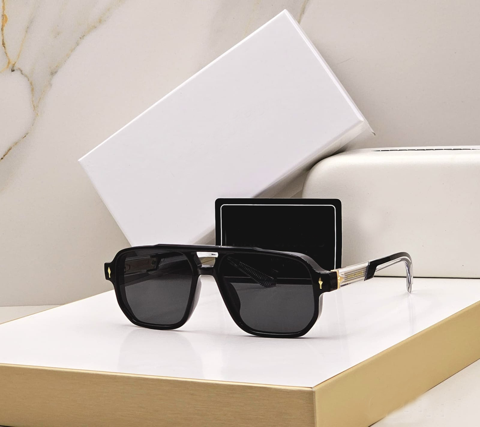 Bold Square-Frame Sunglasses – Black with Transparent Arms
