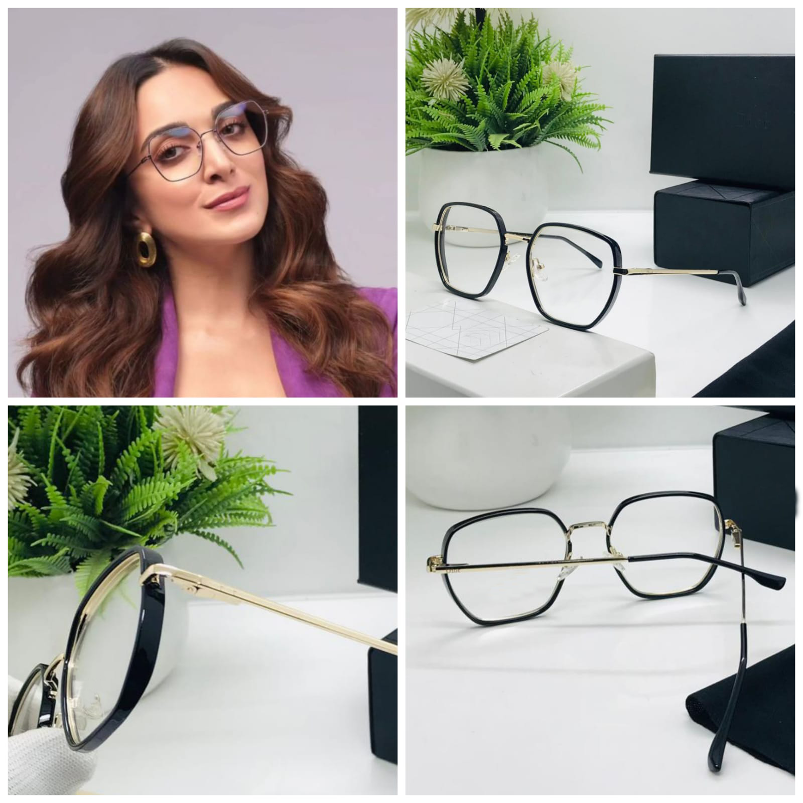 Kiara Inspired Oversized Geometric Eyeglasses – Bold Black & Gold Frame