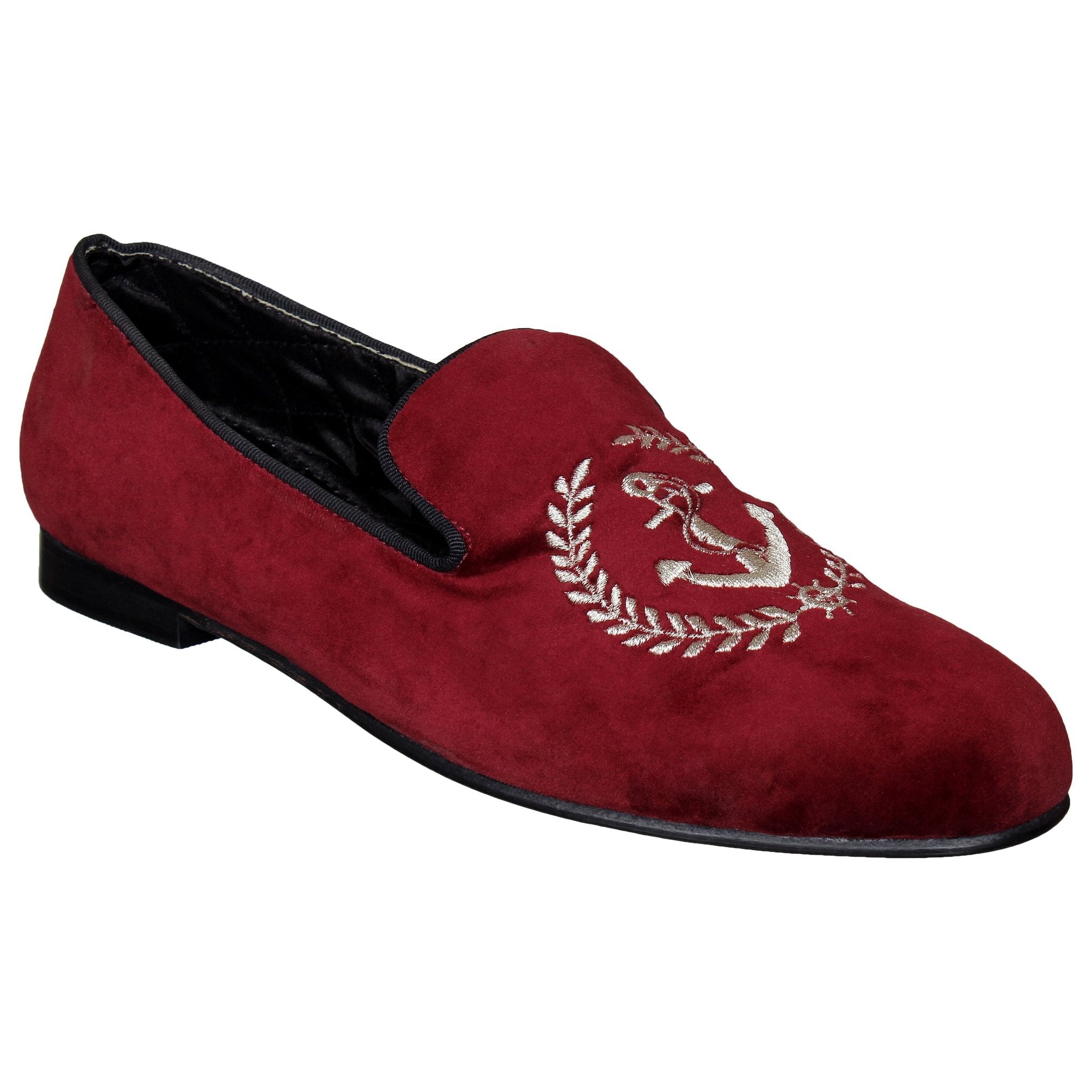 Maroon Velvet Anchor Embroidered Slip On For Men-FunkyTradition