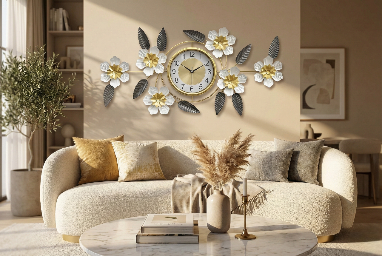 Luxury Iron Floral Wall Clock (90cm × 45cm) | 3D White & Gold Metal Wall Art for Living Room & Bedroom