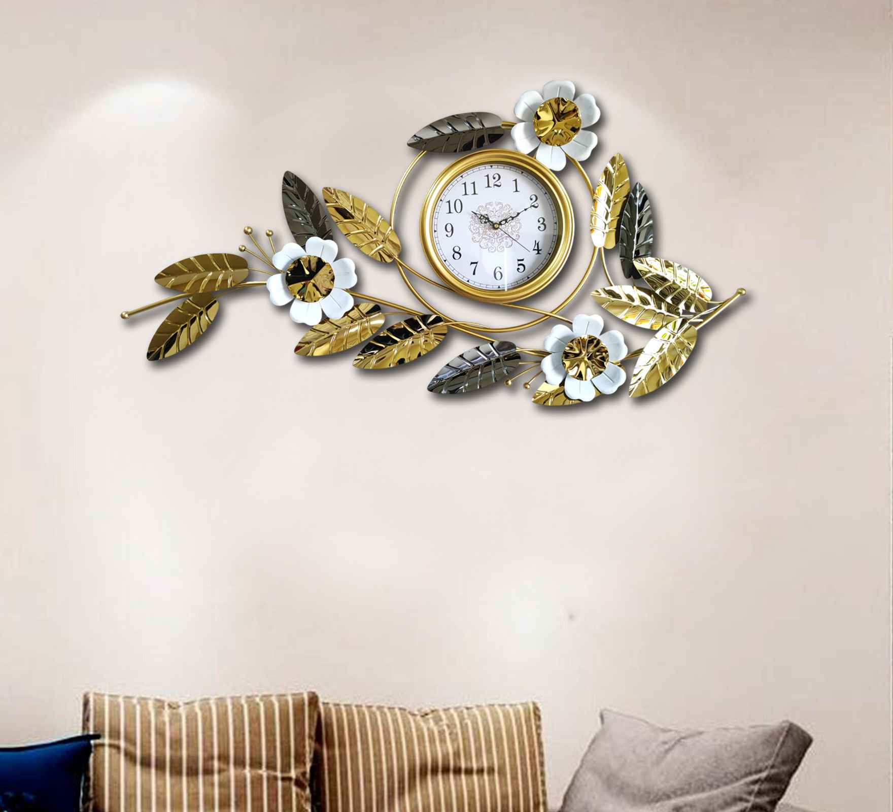 Elegant Gold Metal Wall Clock – 43 Inch Floral & Leaf Design, Modern Decorative Wall Art for Living Room, Bedroom & Office Décor