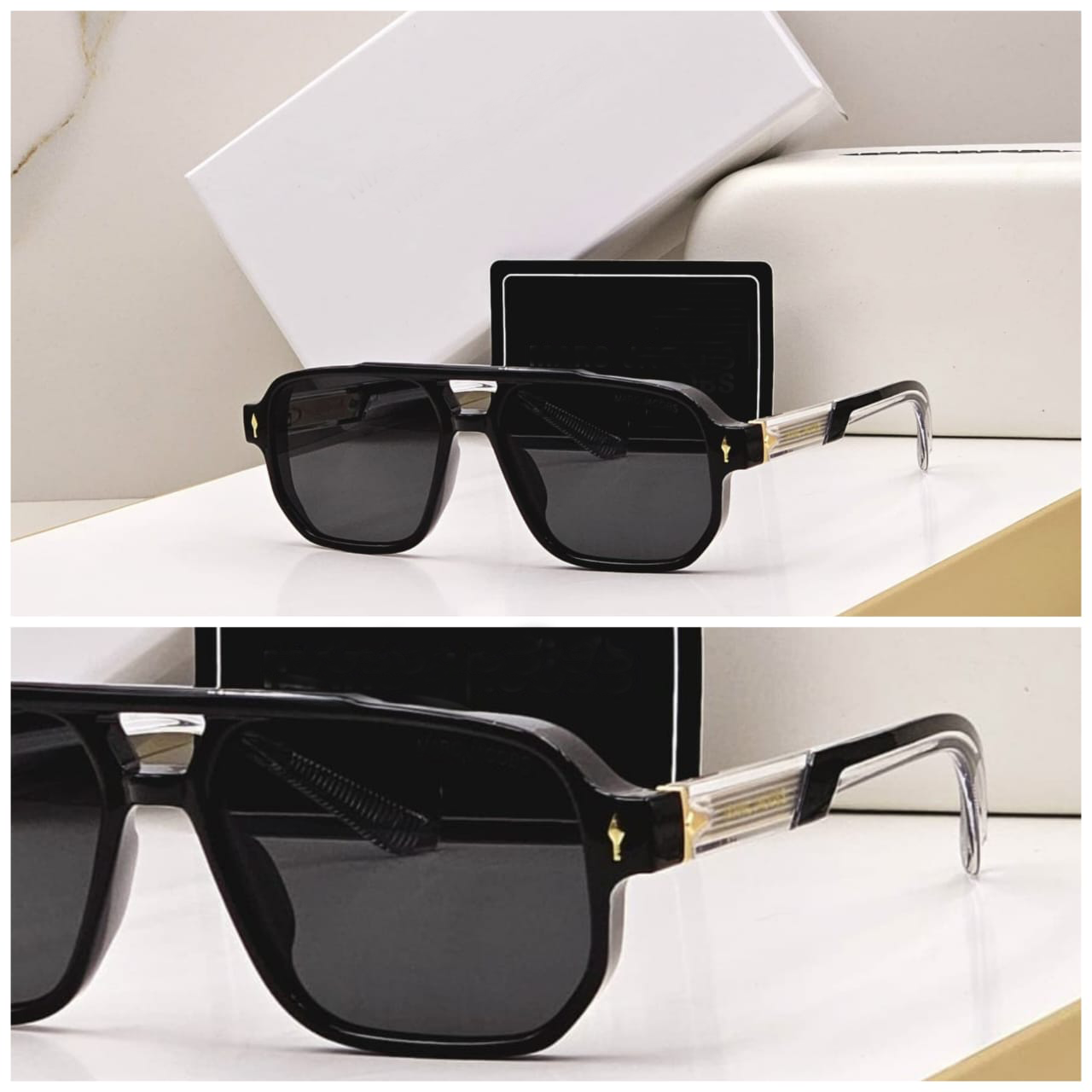 Bold Square-Frame Sunglasses – Black with Transparent Arms