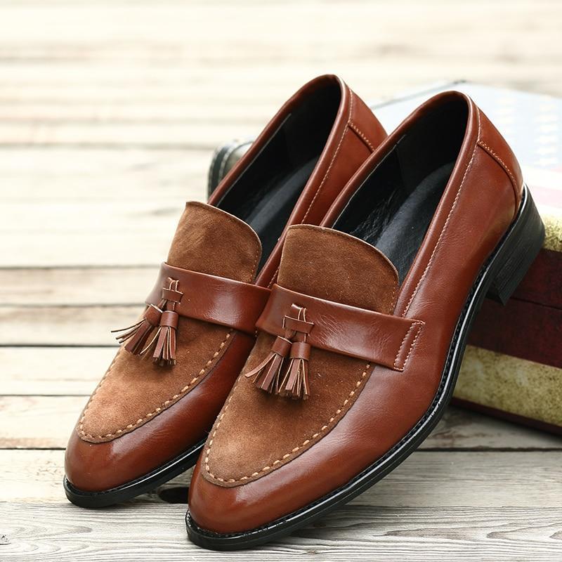 New Arrival Men Brown Boat Shoes Fashion Pointed Toe Suede Tassel Business Leisure Leather Shoes Slip On Loafer Black-FunkyTradition