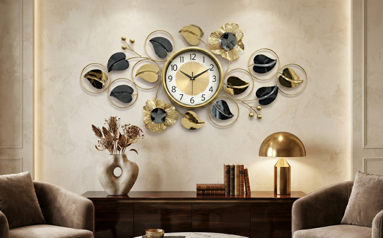 Luxury Iron Floral Wall Clock by FunkyTradition – Large Gold & Black Metal Wall Art Décor (90x45 cm) - Silent Movement