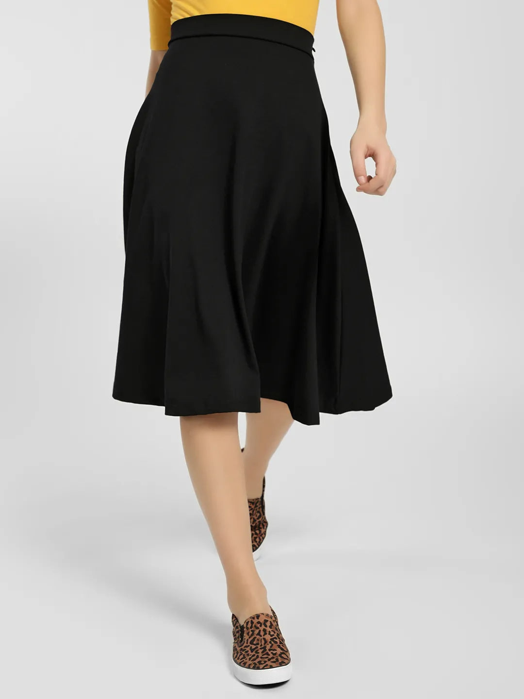 Women Yellow Black Midi Skater Skirt Dress- FunkyTradition