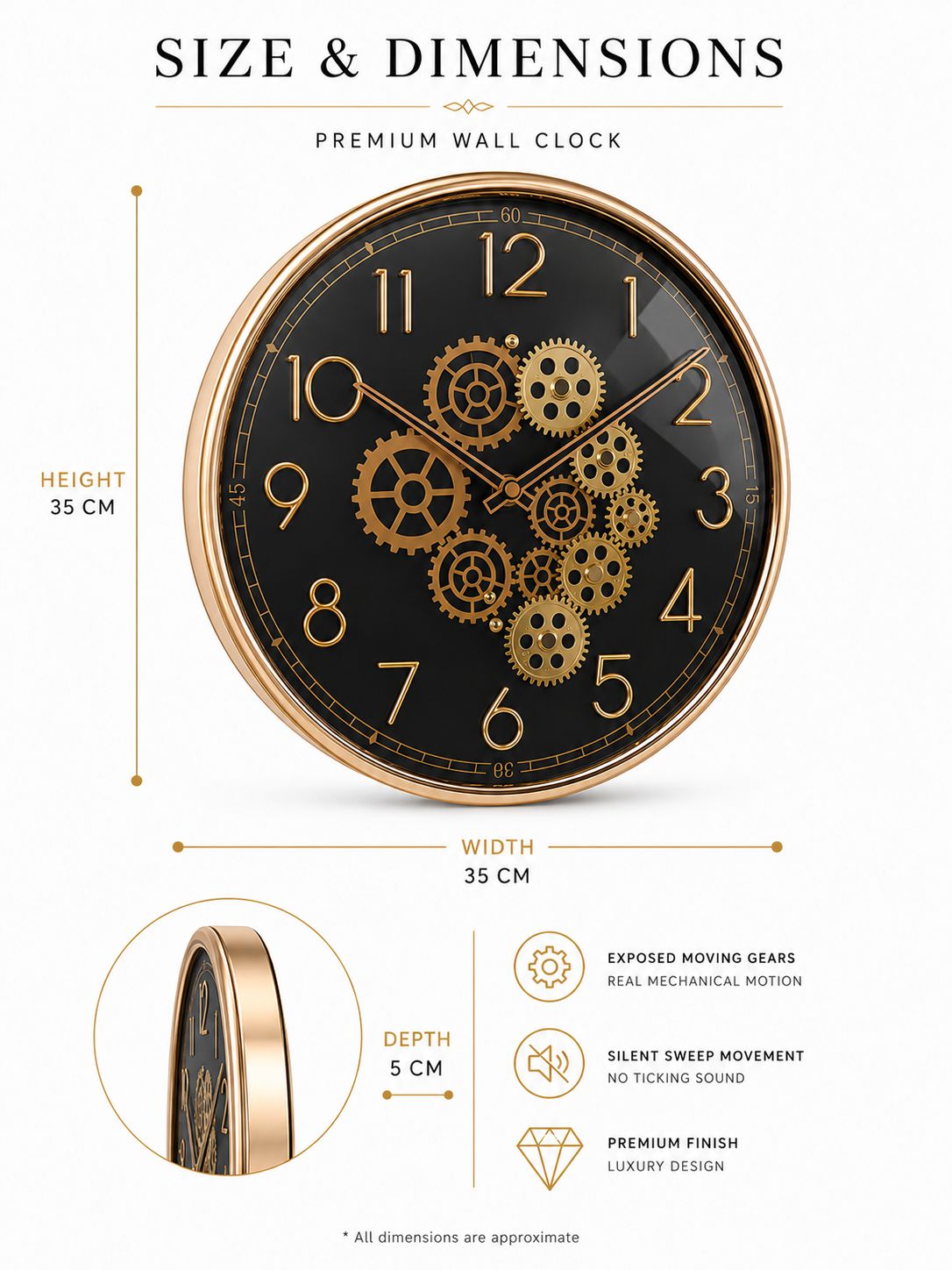 35 CM Rose Gold Decorative Wall Clock Dimensions and Features