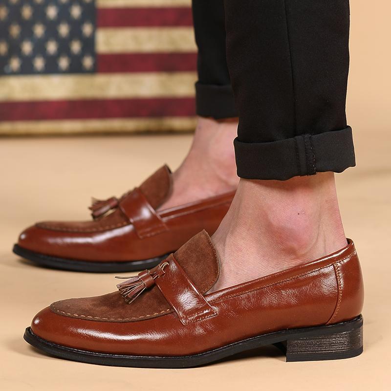 New Arrival Men Brown Boat Shoes Fashion Pointed Toe Suede Tassel Business Leisure Leather Shoes Slip On Loafer Black-FunkyTradition